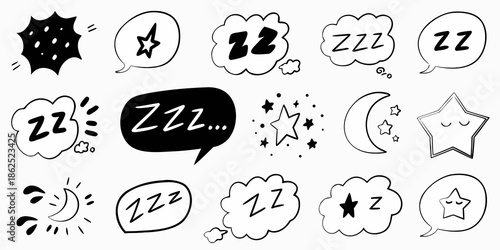 Black and white sleep themed doodles including stars moons and speech bubbles