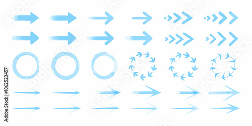 Collection of blue arrows circular shapes and rotational elements on white background