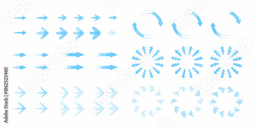 Collection of blue arrow and swirl graphic elements on a white background