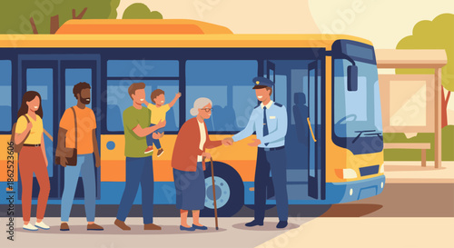 “Bus driver opening bus doors and assisting passengers boarding, including elderly and children, flat vector illustration, solid colour fills, friendly public service atmosphere