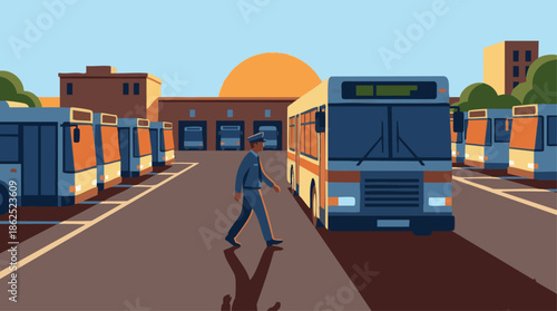 Bus driver starting the morning shift at a bus depot, walking toward a parked city bus at sunrise, flat vector illustration, solid colour palette, minimal shading, clean geometric shapes, wide scene 