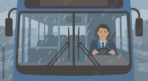 “Bus driver driving a bus on a rainy day, raindrops represented as simple lines, windshield wipers visible, flat vector illustration, solid muted colours, minimal background, calm mood.”