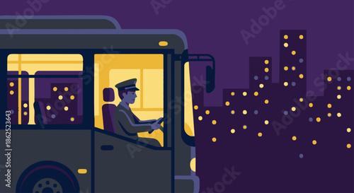 “Bus driver on a night shift, city lights simplified as solid colour dots, interior bus lighting glowing, flat vector illustration, solid dark colour palette, no gradients, clean contrast.”