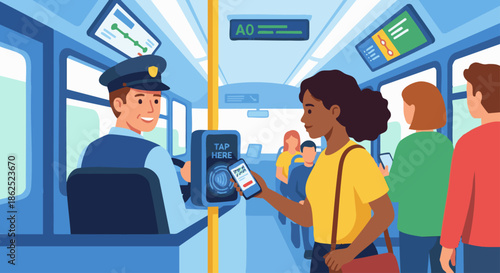 “Bus driver monitoring passengers tapping digital tickets at the bus entrance, contactless payment device visible, flat vector illustration, solid colours, modern public transport theme.”