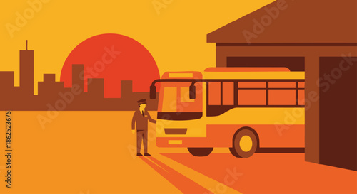 “Bus driver parking the bus at sunset after finishing the route, warm solid colour palette, flat vector illustration, no gradients, minimal skyline and depot background.”