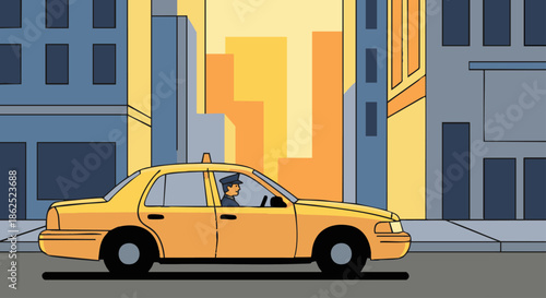 “Professional taxi driver sitting in a yellow taxi at a city curb in the early morning, sunlight simplified into solid colour blocks, urban buildings in the background, flat vector illustration