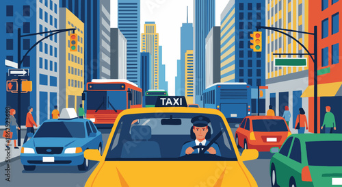 “Taxi driver focused while driving through a busy downtown street, surrounding cars and buildings, flat vector illustration, bold solid colours, clean composition,