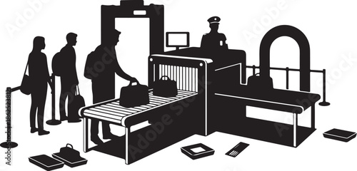 A black and white illustration of airport security screening