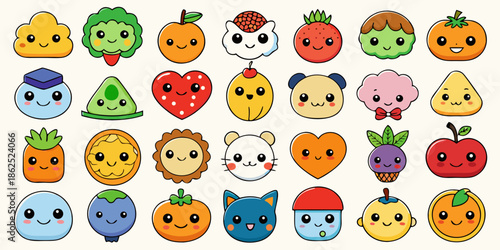 30 Kawaii Fruit & Animal Friend Icons - Cute Vector Character Set, funny cartoon monsters
