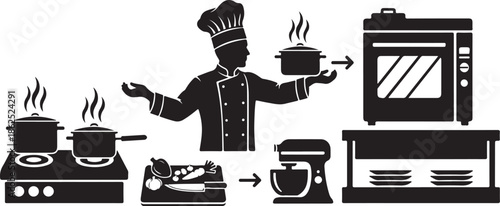 A chef prepares a meal in a kitchen