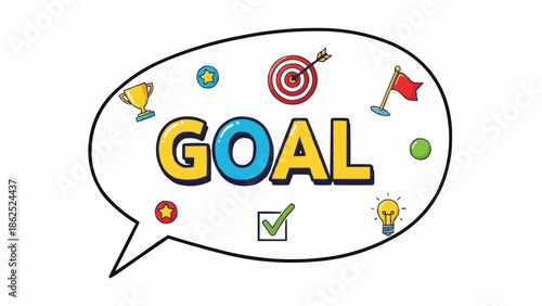 Goal Achievement Concept with Target, Trophy, Flag, and Checkbox in Speech Bubble.