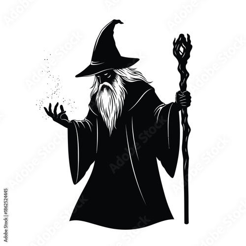 Wizard with staff casting magic silhouette vector
