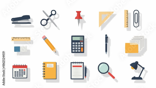 Flat Lay Illustration of Office and School Supplies.