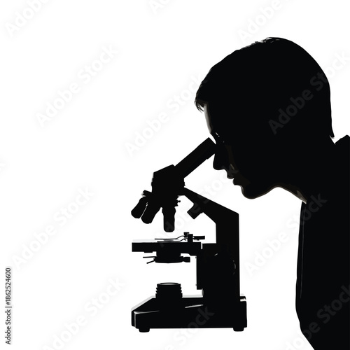 Scientist silhouette looking through laboratory microscope