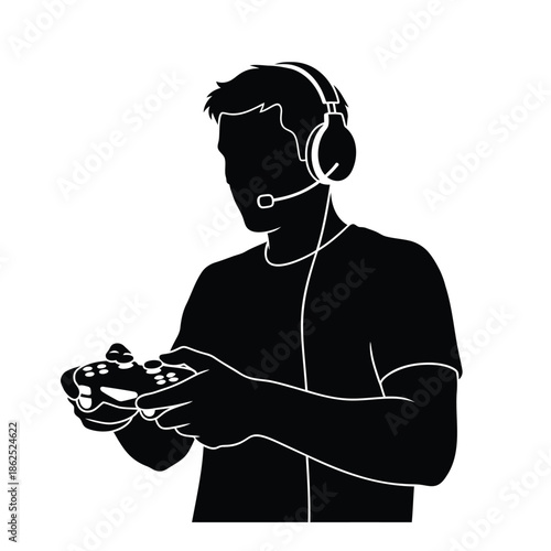 Video gamer silhouette with headset and controller