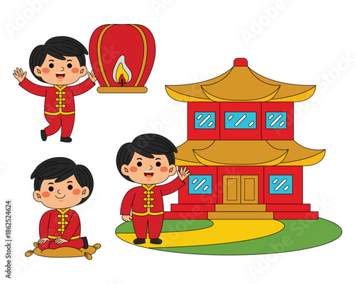 cute boy lunar new year vector illustration