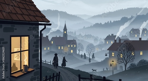 Misty Village Scene with People Outside.