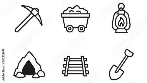 Collection of simple line icons representing mining industry tools and elements