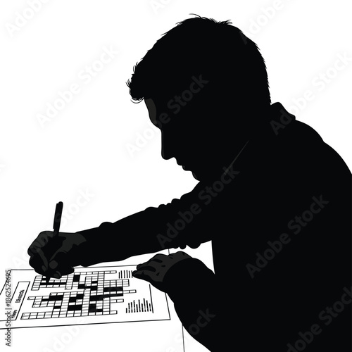 Man solving crossword puzzle silhouette with pen