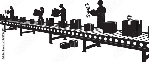 A black and white illustration of a production line with workers handling boxes and products