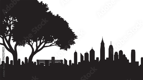 A black silhouette of a city skyline with trees