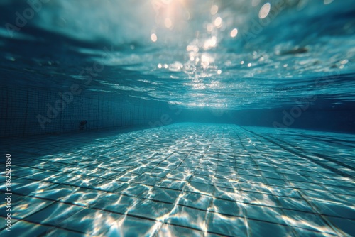 Underwater view of a pool interior. Sunlight streams through the surface