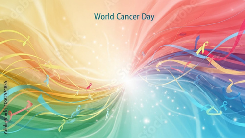Vibrant abstract artwork representing World Cancer Day with swirling colors and light