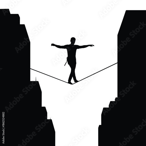 Tightrope walker silhouette balancing between buildings