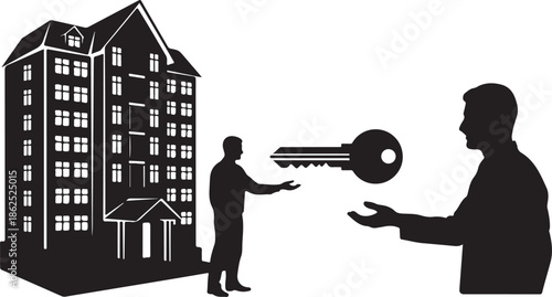 A man handing over a house key to another man in a black silhouette illustration