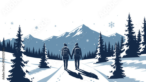 Couple enjoying winter hike together in snowy landscape