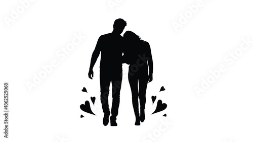 Couple walking together under heart shaped elements