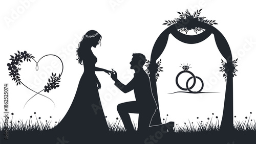 Romantic proposal scene with ring and heart shape