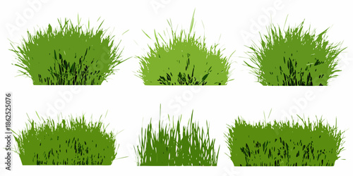 Collection of vibrant green grass patches isolated on a white background