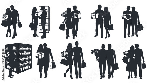 Collection of silhouettes of people shopping together with bags