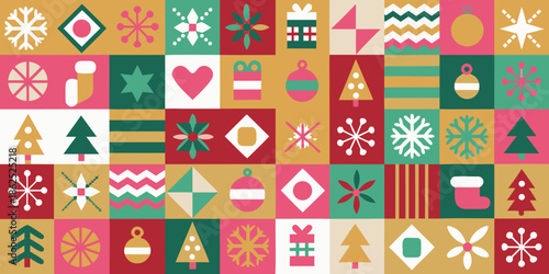 Colorful geometric christmas pattern featuring various festive icons and shapes