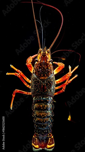Vivid orange and dark-speckled lobster, top-down view, displaying intricate details against a solid black backdrop
