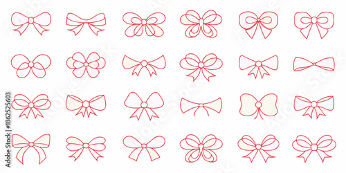 Collection of delicate red hand drawn bows arranged in a grid pattern
