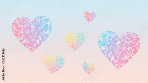 Vibrant pastel hearts in various sizes float against a soft gradient background, conveying