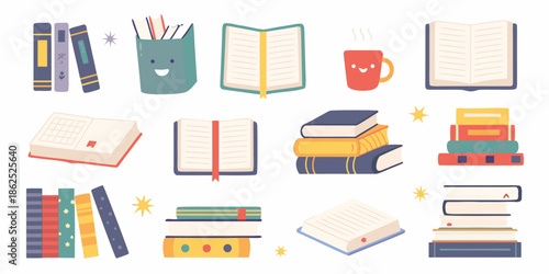 Collection of colorful open books stacks and reading accessories illustration