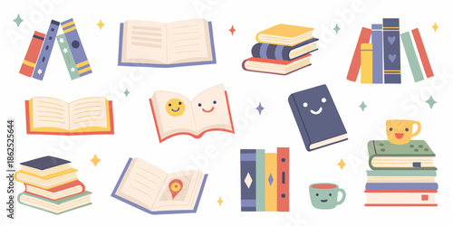 Colorful illustration of stacked books open books and reading accessories