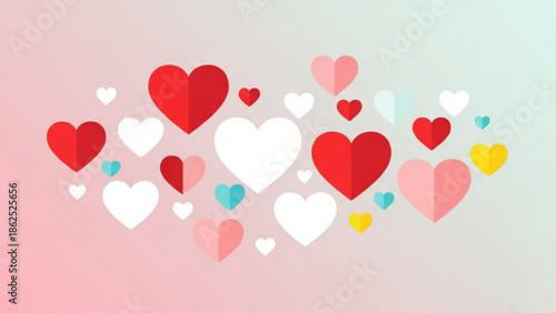 Colorful heart shapes in various sizes and colors on a pastel background for love
