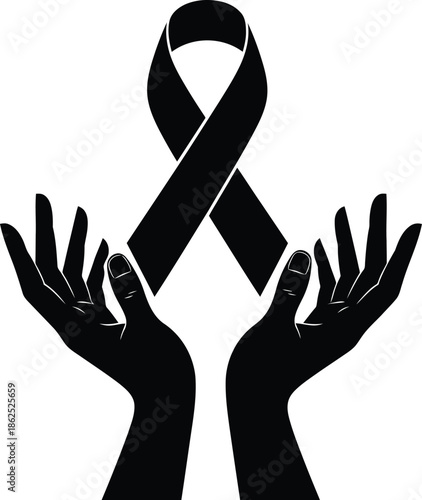 Black Awareness Ribbon Held by Helping Hands Icon Vector