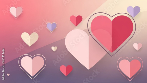 Colorful heart shapes in various sizes and shades on a gradient background for love