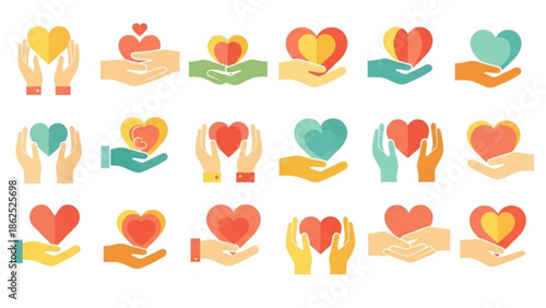 Collection of colorful hands holding hearts in various poses and colors for charity love care