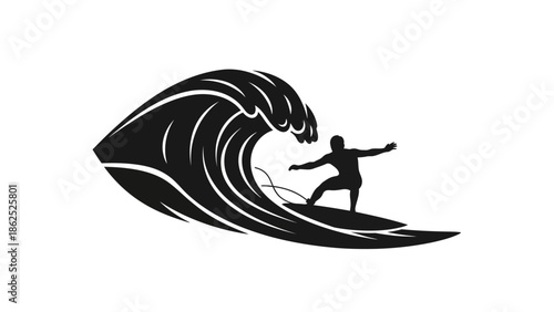 Stylish black and white graphic depicting a skilled surfer expertly riding a towering wave, symbolizing freedom, adventure, and the spirit of the sea and water sports