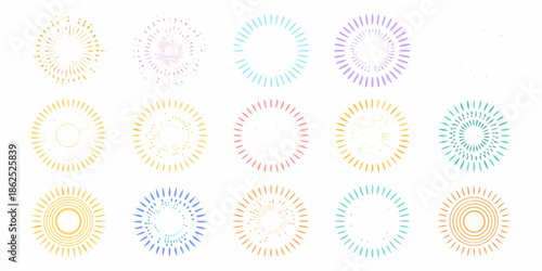 Collection of colorful circular starbursts and radial gradient designs arranged in rows