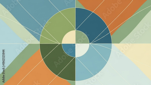 Vibrant abstract geometric composition with intersecting lines and shapes in blue, green