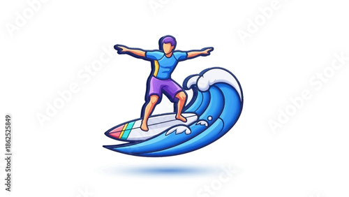 Vibrant vector artwork depicting an energetic surfer gracefully balancing on a powerful breaking blue wave, embodying summer adventures and thrilling water sports