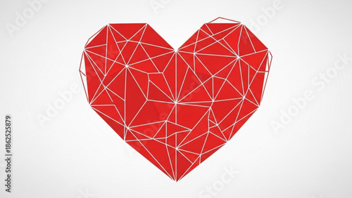 Red geometric heart shape with white lines on a white background, symbolizing love