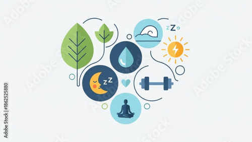 Wellness and self care concept with icons representing healthy lifestyle, sleep, exercise